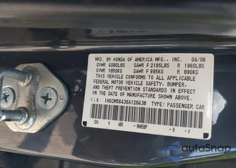 2006 Honda Accord 2.4 Lx z USA, uszkodzony, nr VIN 1HGCM56436A128438